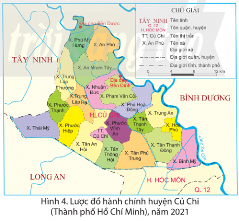  Quan sát hình 4, em hãy xác định vị trí của huyện Củ Chi và các xã có địa đạo.