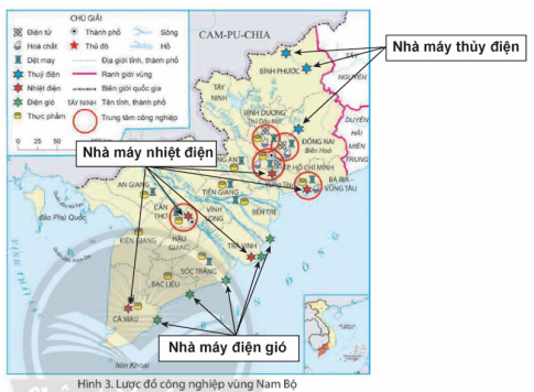 Dựa vào hình 3, em hãy xác định trên lược đồ vị trí các nhà máy nhiệt điện, thủy điện, điện gió của vùng Nam Bộ