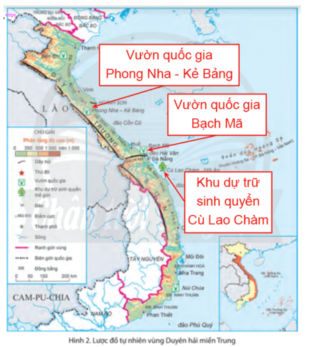 Quan sát hình 2, em hãy xác định trên lược đồ vị trí của các Vườn quốc gia Phong Nha - Kẻ Bàng, Bạch Mã và Khu dự trữ sinh quyển thế giới Cù Lao Chàm - Hội An.