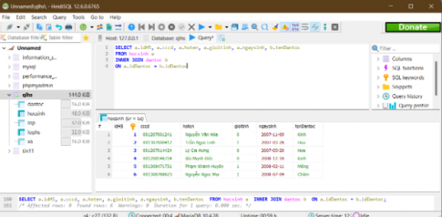 Hãy viết câu truy vấn SQL lấy ra danh sách tất cả các học sinh với đầy đủ thông tin idHs, cccd, hoten, gioitinh, ngaysinh, tenDantoc.