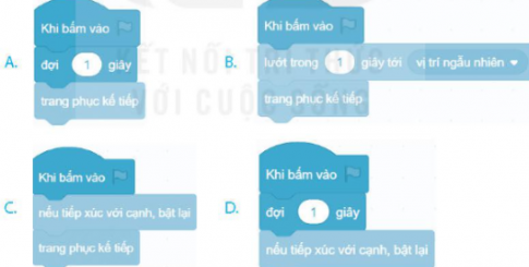 Câu 2: Khoanh vào chữ cái đặt trước câu trả lời đúng. Bạn Minh muốn nâng cấp chương trình ChuHe ở Bài 15 như sau: thêm một nhân vật chú chó xuất hiện trên sân khấu, chú chó đợi trong 1 giây và thay đổi trang phục (hình dạng) kế tiếp. Chương trình nào sau đây điều khiển chú chó thực hiện hành động theo ý tưởng của Minh?