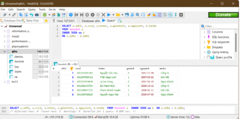 Hãy viết câu truy vấn SQL lấy ra danh sách tất cả các học sinh với đầy đủ thông tin idHs, cccd, hoten, gioitinh, ngaysinh, tenXa.