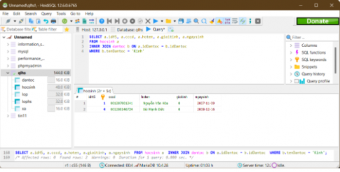 Hãy viết câu truy vấn SQL lấy ra danh sách tất cả các học sinh trong trường thuộc dân tộc Kinh, bao gồm idHs, cccd, hoten, gioitinh, ngaysinh.