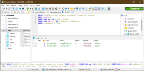 Hãy viết câu truy vấn SQL lấy ra danh sách tất cả các học sinh trong trường thuộc dân tộc Kinh, bao gồm idHs, cccd, hoten, gioitinh, ngaysinh, tenXa.