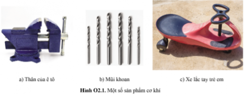 Các sản phẩm cơ khí ở hình O2.1 được làm từ vật liệu gì?