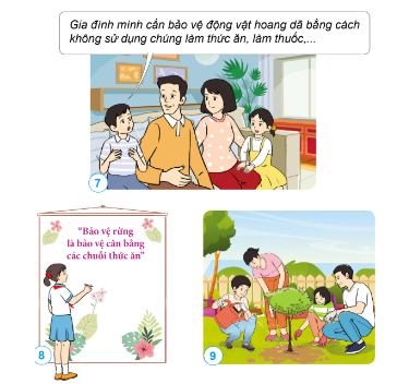 Quan sát: Các bạn trong hình dưới đây đã làm gì để vận động những người xung quanh cùng tham gia giữ cân bằng chuỗi thức ăn trong tự nhiên?