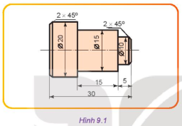 Hình 9.1 mô tả bản vẽ của một chi tiết. Em hãy cho biết các bước để gia công chi tiết đó. Biết rằng phôi hình trụ có đường kính 25 mm dài 40 mm.