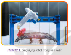 Quan sát Hình 12.1 và cho biết: Cánh tay robot ở vị trí nào trong hình? Cánh tay robot đó đang thực hiện công việc gì? Nếu không sử dụng robot thì có cách nào khác để thực hiện nhiệm vụ đó? Ưu điểm của việc sử dụng robot trong nhiệm vụ này?