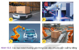 Hãy quan sát Hình 12.2 và chỉ ra các robot tương ứng với các tên gọi: robot đóng gói, robot gia công, robot vận chuyển, robot lắp máy.