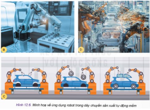 Quan sát Hình 12.6 và cho biết: Nhiệm vụ công việc của mỗi robot trong hình. Robot đó thuộc nhóm robot hỗ trợ hay nhóm robot chức năng?