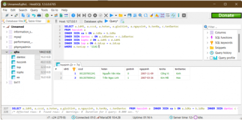 Hãy viết câu truy vấn SQL lấy ra danh sách tất cả các học sinh, bao gồm idHs, cccd, hoten, gioitinh, ngaysinh, tenDantoc, tenXa trong một lớp với tên lớp đầy đủ.