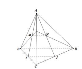 Cho tứ diện ABCD. Gọi I, J lần lượt là trung điểm của các cạnh BC, CD. Trên cạnh AC lấy điểm K. Gọi M là giao điểm của BK và AI, N là giao điểm của DK và AJ. Chứng minh rằng đường thẳng MN song song với đường thẳng BD. 