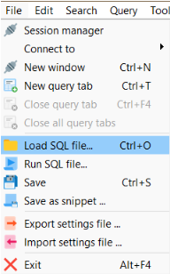 Để khôi phục CSDL đã sao lưu, cần chọn Load SQL file… thuộc thẻ File trong giao diện chính của phần mềm HeidiSQL.