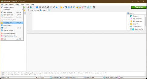 Bước 1: Nháy chuột chọn thẻ File, chọn Load SQL file... (hoặc nhấn Ctrl + O)
