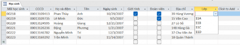 Thao tác: Bước 1: Mở bảng trong khung nhìn thiết kế, nháy chuột chọn cột. Bước 2: Chọn nút lệnh Modify Lookups. Bước 3: Chọn "I will type the values that I want", chọn Next. Bước 4: Gõ nhập các giá trị hợp lệ, chọn Next. Bước 5: Đổi tên “Field1” thành “Lớp”, chọn Finish. Bước 6: Xoá cột Lớp.