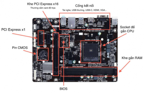 Hãy mở một máy tính để bàn, quan sát bảng mạch chính để biết nơi đặt bộ nguồn, CPU, khe cắm RAM và các thanh RAM, các khe cắm bảng mạch mở rộng và các bảng mạch mở rộng nếu có, các cổng cắm cáp với đĩa cứng.