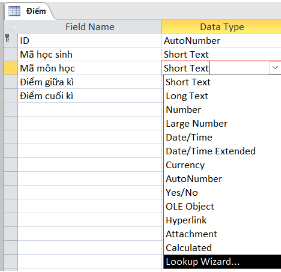 Thiết lập cột Mã môn học trong bảng Điểm thành kiểu dữ liệu từ tra cứu
