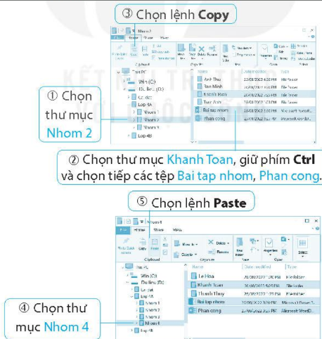 Bước 3: Sao chép các tệp Bai tap nhom, Phan cong và thư mục Khanh Toan ở Nhom 2 vào Nhom 4.