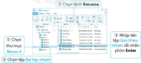 Lưu ý: Để di chuyển tệp hoặc thư mục, em có thể làm tương tự như thao tác sao chép ở bước 3 nhưng thay vì ở thao tác 3 chọn lệnh  thì em chọn lệnh . Bước 5: Đổi tên tệp Bai tap nhom thanh Gioi thieu nhom, thư mục Anh Thu thành Anh Thai
