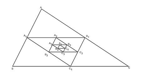 Cho một tam giác đều ABC cạnh a. Tam giác $A_{1}B_{1}C_{1}$ có các đỉnh là trung điểm các cạnh của tam giác ABC, tam giác $A_{2}B_{2}C_{2}$ có các đỉnh là trung điểm các cạnh của tam giác $A_{1}B_{1}C_{1}$, , ..., tam giác $A_{n+1}B_{n+1}C_{N+1}$, có các đỉnh là trung điểm các cạnh của tam giác $A_{n}B_{n}C_{n}$, ... Gọi $p_{1}+ p_{2} + ... + p_{n}$ , ... và $S_{1},S_{2}, ..., S_{n}, ... $theo thứ tự là chu vi và diện tích của các tam giác $A_{1}B_{1}C_{1}$, $A_{2}B_{2}C_{2}$ , ..., $A_{n}B_{n}C_{n}$, ... 