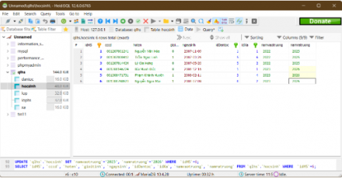 Dùng chức năng nhập, sửa, xoá dữ liệu trong một bảng của HeidiSQL, ta có kết quả như sau: