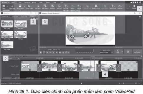  ngăn tiến trình, ngăn xem trước, thanh công cụ, ngăn tư liệu, con trỏ thời điểm vào chỗ trống (…) được đánh số tương ứng với các thành phần chính trong giao diện của phần mềm làm phim VideoPad trong Hình 29.1.