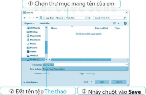 Lưu ý: Em có thể chèn hình ảnh của em khi tập luyện thể thao, không nhất thiết hình ảnh phải thống nhất như bài mẫu. Bước 4: Lưu tệp trình chiếu vào thư mục của em. Chọn lệnh Save trong bảng chọn File. Cửa sổ Save As hiện ra tương tự như sau: