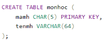 Hãy viết câu truy vấn SQL tạo lập bảng Danh sách môn học (Bảng A ở câu 13.4). Biết rằng Mã môn học là xâu 5 kí tự, Tên môn học là xâu tối đa 64 ký tự; quy định đặt tên các trường tương ứng là mamh và tenmh, tên bảng là monhoc.