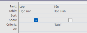 1) Biểu thức logic trên ô giao của cột Tên với hàng Criteria là “Đức”.