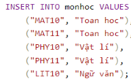 Hãy viết câu truy vấn thêm các dòng dữ liệu (‘MAT10’, ‘Toan hoc’), (‘MAT11’, ‘Toan hoc’), (‘PHY10’, ‘Vật lý’), (‘PHY11’, ‘Vật lý’), (‘LIT10’, ‘Ngữ văn’) vào bảng monhoc.