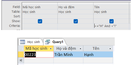 Xét truy vấn trên bảng Học sinh lấy ra các cột Mã học sinh, Họ và đệm, Tên với biểu thức logic trên ô giao của cột Tên với hàng Criteria là >=“H” AND <“I”. Truy vấn sẽ chọn lấy ra các bản ghi có tên học sinh như thế nào?