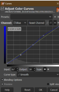 Hướng dẫn thực hành: Chọn lớp ảnh. Chọn lệnh Colors\Curves. Chọn kênh màu Blue và điều chỉnh dây cùng màu xanh da trời như hình