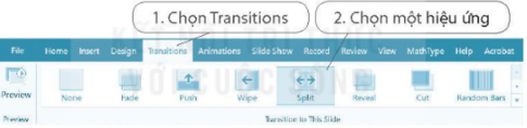 Hướng dẫn: Em có thể trải nghiệm với các kiểu hiệu ứng chuyển trang (Push, Flip, Shape, Box,...) và chọn ra một vài kiểu hiệu ứng em yêu thích để áp dụng cho các trang của bài trình chiếu. Bước 1: Khởi động phần mềm trình chiếu. Bước 2: Chọn lệnh File → Open để mở bài trình chiếu đã làm ở Bài 8 (hoặc có thể tạo một bài trình chiếu mới với một vài trang chiếu). Bước 3: Chọn trang chiếu muốn thêm hiệu ứng chuyển trang. Bước 4: Nháy chuột chọn nút lệnh Transitions trên thanh bảng chọn để mở dài lệnh Transition