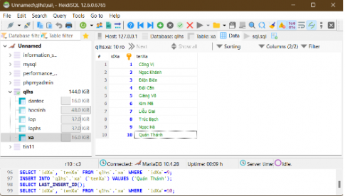 Dùng chức năng nhập, sửa, xoá dữ liệu trong một bảng của HeidiSQL, ta có kết quả như sau: