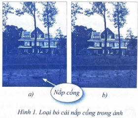 Em hãy lựa chọn theo ý thích của mình một ảnh chứa đối tượng nào đó cần loại bỏ. Sau đó, tiến hành tẩy xóa đối tượng này đồng thời khôi phục vùng ảnh chỗ tẩy xoá một cách hợp lí. Ví dụ, Hình 16 minh hoạ kết quả loại bỏ một cái nắp cống trên con đường lát gạch trước một khu biệt thự ở Đà Lạt (Hình 1a).