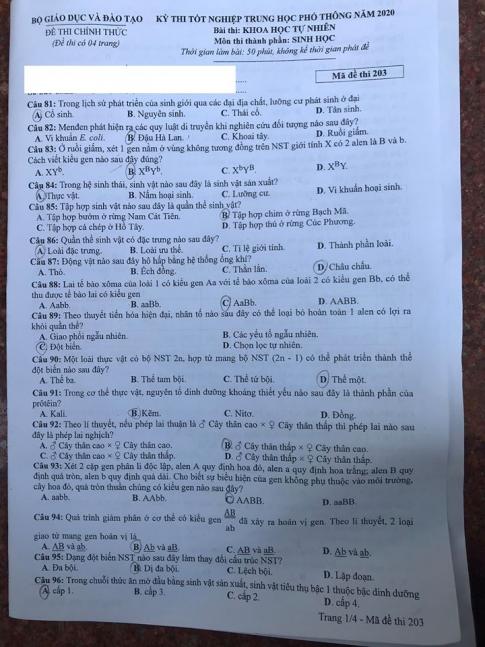 Thi THPQG 2020: Đề thi và đáp án môn Sinh học mã đề 203