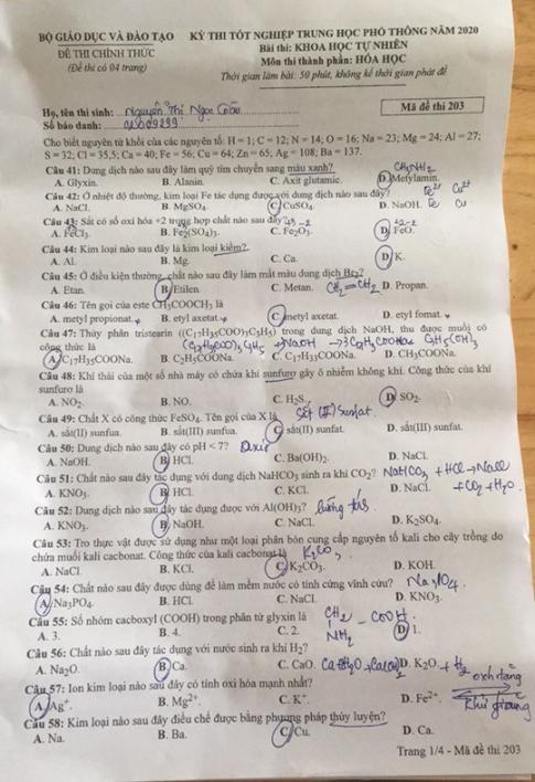 Thi THPTQG 2020: Đề thi và đáp án môn Hóa học mã đề 203