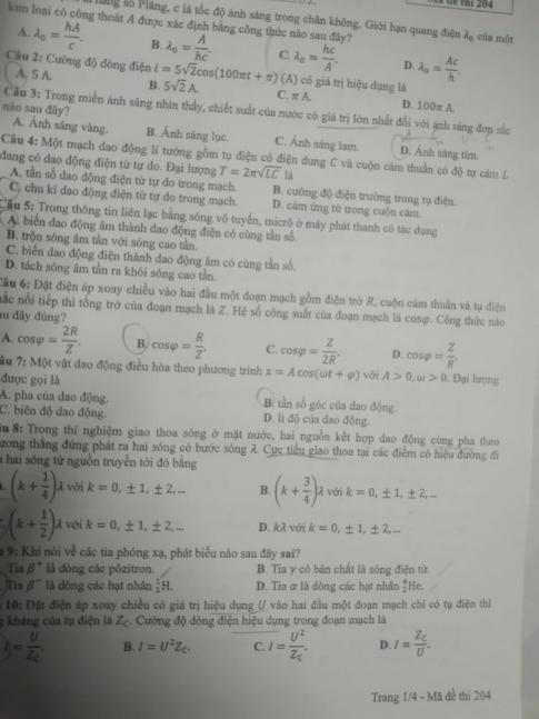 Thi THPTQG 2020: Đề thi và đáp án môn Vật lý mã đề 204