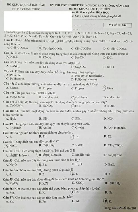 Thi THPTQG 2020: Đề thi và đáp án môn Hóa học mã đề 204