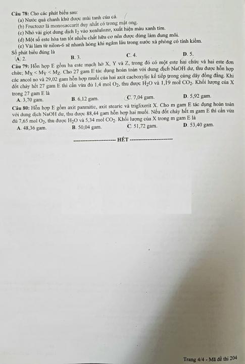 Thi THPTQG 2020: Đề thi và đáp án môn Hóa học mã đề 204