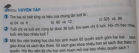 Giải bài Luyện tập Tìm hai số khi biết tổng và hiệu của hai số đó