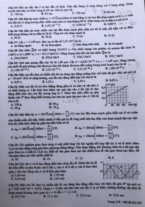 Thi THPTQG 2020: Đề thi và đáp án môn Vật lý mã đề 205