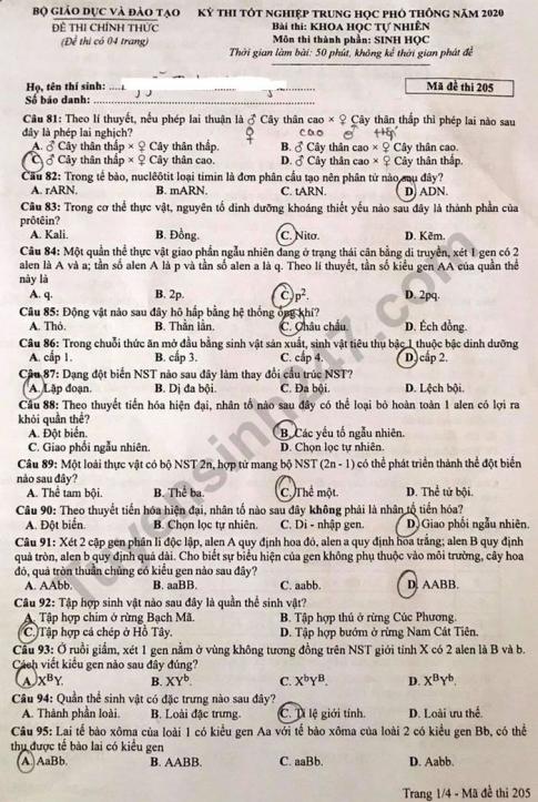 Thi THPQG 2020: Đề thi và đáp án môn Sinh học mã đề 205