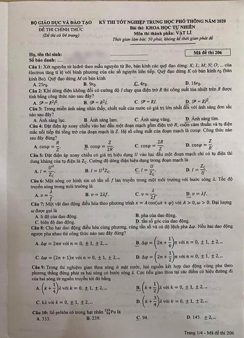 Thi THPTQG 2020: Đề thi và đáp án môn Vật lý mã đề 206