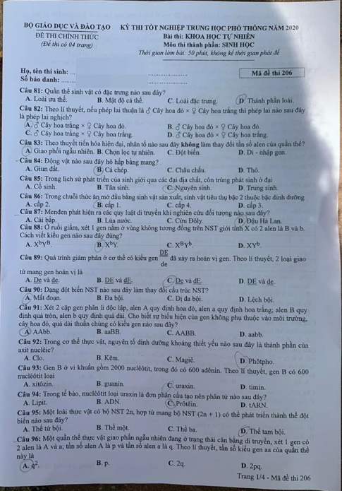 Thi THPQG 2020: Đề thi và đáp án môn Sinh học mã đề 206