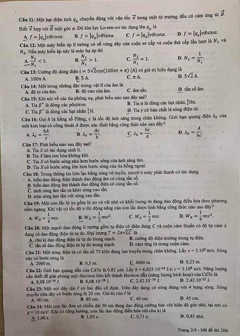 Thi THPTQG 2020: Đề thi và đáp án môn Vật lý mã đề 206