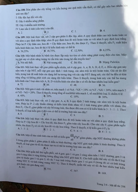 Thi THPQG 2020: Đề thi và đáp án môn Sinh học mã đề 206