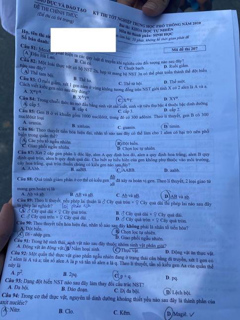 Thi THPQG 2020: Đề thi và đáp án môn Sinh học mã đề 207