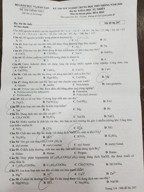 Thi THPTQG 2020: Đề thi và đáp án môn Hóa học mã đề 207