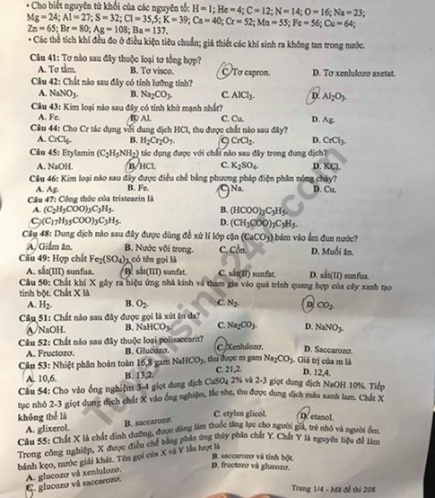 Thi THPTQG 2020: Đề thi và đáp án môn Hóa học mã đề 208